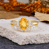 Luxury 6-Prong Oval-Cut Natural Citrine Engagement Ring Set